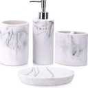 ZCCZ Bathroom Accessory Set, 4 Pcs Marble Look Bathroom Vanity Countertop Bathroom Dcor Sets Accessories with Soap Dispenser, Toothbrush Holder Set, Tumbler, Soap Dish (White Marble Look Rounded)
