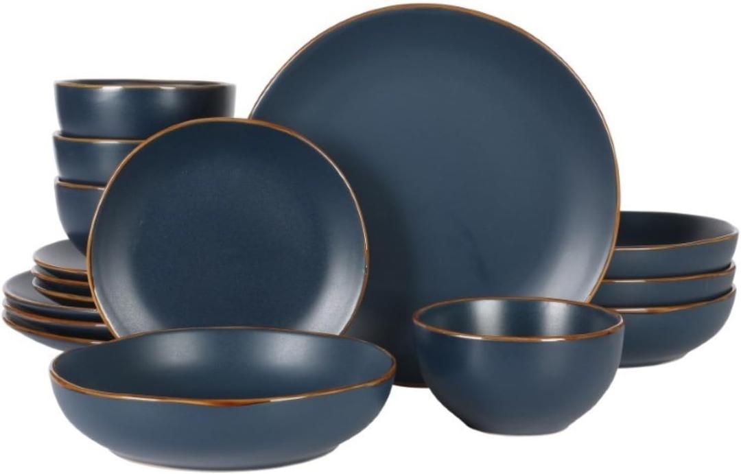 Gibson Home Hazeltine 16-Piece Navy Blue Stoneware Dinnerware Set Plates and Bowls, Durable Ceramic Kitchen Dinner Set