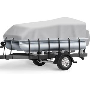 Pontoon Boat Cover 19-21 ft, 1200D Heavy Duty Waterproof Trailerable Cover for Pontoon Boats Up to 8.5 ft Beam, 14 Straps, Elastic Hem &Outboard Motor Cover, Gray