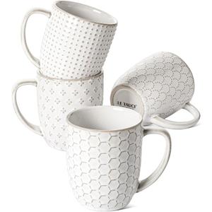 LE TAUCI Coffee Mugs 12 oz, Ceramic Mug Set Set of 4, Embossment Cups for Espresso, Latte, Tea, Cocoa, Cappuccino & Mocha, Dishwasher Oven Microwave Safe - 3.4 inch, Arctic White