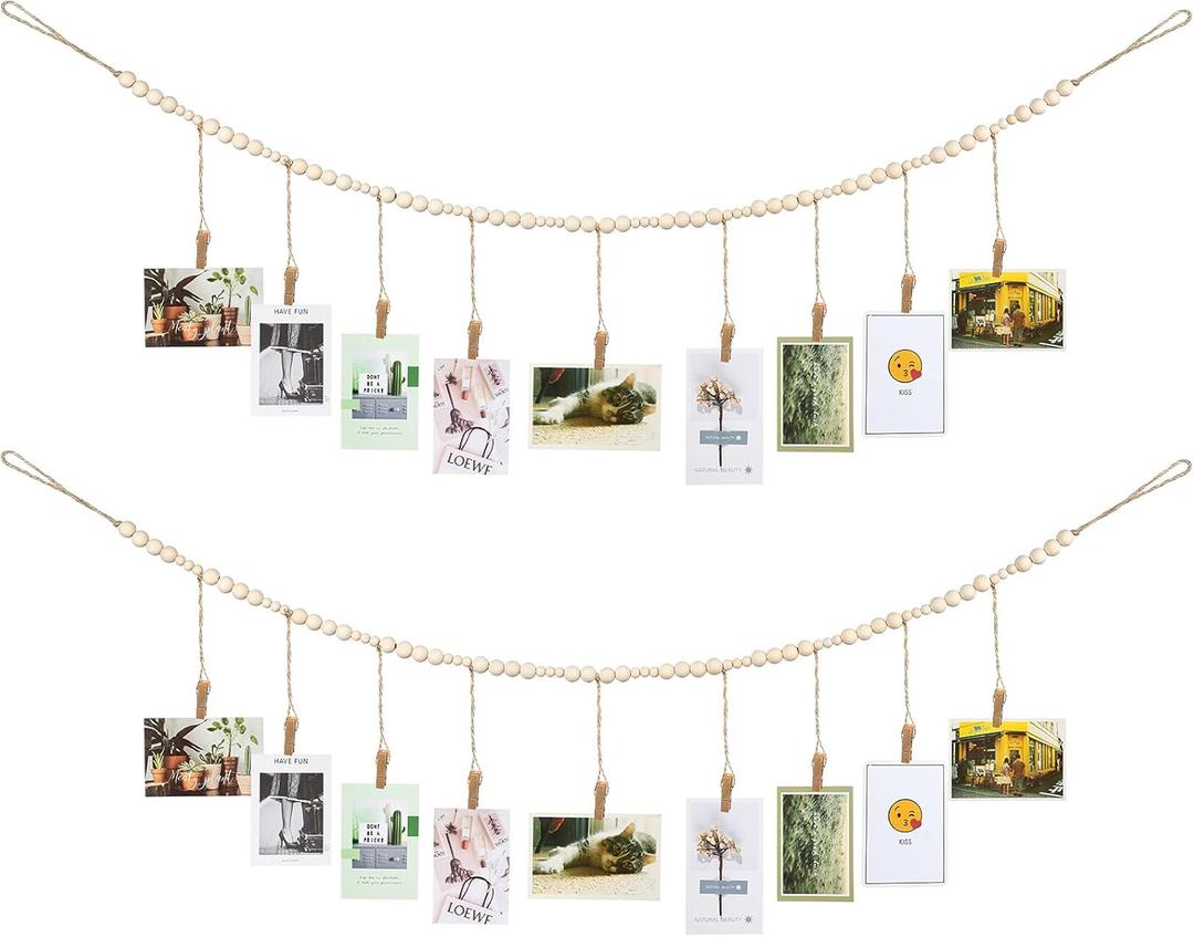 Wall Hanging Photo Display with Wooden Beads Garland 4 Feet Boho Collage Picture Frame DIY Picture Photo Frame Set with 9 Wood Clips for Rustic Country Home, Office Nursery Room Decoration(2 Pieces)