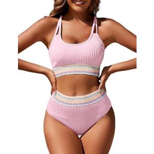 Zuvebamyo Women's High Waisted Ribbed Bikini Set Two Piece Crop Top High Cut Swimsuit Criss Cross Back Bathing Suit XL