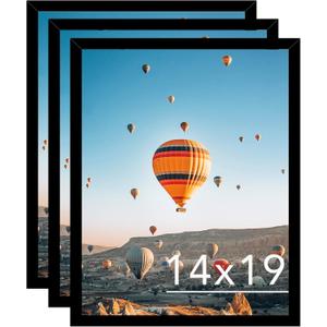 14x19 Black Picture Frame Set of 3, Horizontal and Vertical Formats for Wall Hanging, 14 x 19 Wall Gallery Poster Photo Frames with Durable Shatter Resistant Plexiglass, 3 Pack, Black