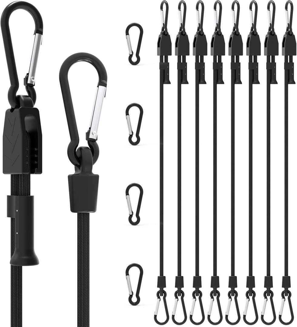 8 Pcs 12 in Bungee Cords with Hooks Adjustable Heavy Duty Black, UV Resistant Shock Strap with Carabiner Style Clips,4 Spare Parts Offered
