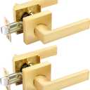 2 Pack Closet Door Handles Interior Non-Locking Lever Set for Hallway Door or Closet with Satin Brass Finish, Reversible for Right or Left Side