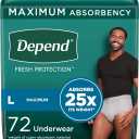 Depend Fresh Protection Adult Incontinence Underwear for Men, Disposable, Maximum, Large, Grey, 72 Count (2 Packs of 36)