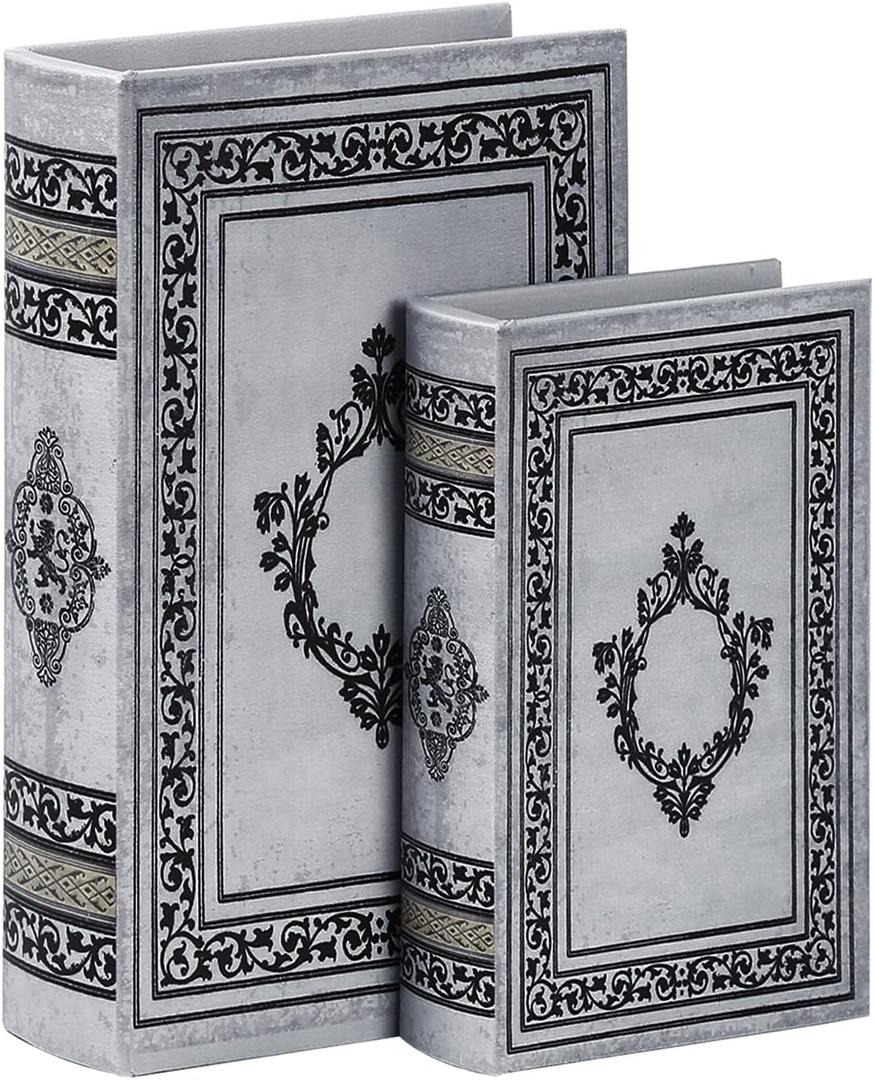 Decorative Wooden Book Box Set of 2 - Vintage Faux Book Boxes for Home Decor, Secret Storage with Magnetic Closure, Antique Style, Grey Leather Cover Design, Perfect for Home Office Bookshelf