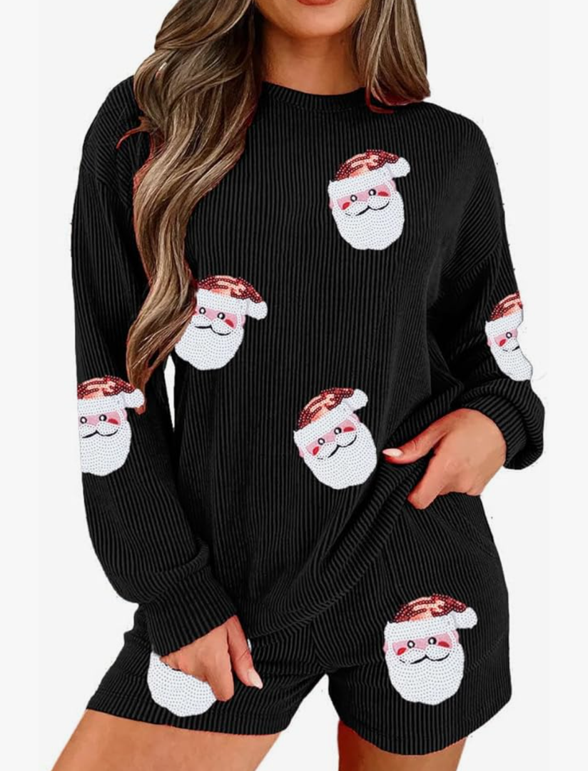 UNIQUEONE Christmas 2 Piece Sequin Outfits Women Merry Sweatshirt and Shorts Set Christmas Pajamas Holiday Set, Size: X-Large