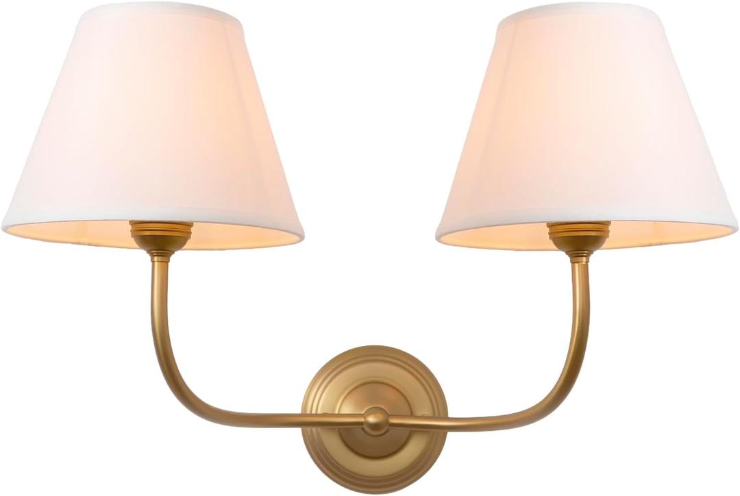 Vintage 2-Lights Fabric Sconces Wall Lighting with White Cloth Shade, Double Arm Wall Lamp Fixture for Living Room Bathroom Bedroom Hallway