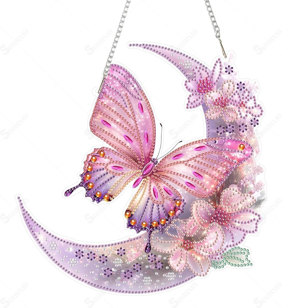 SOURMO Hanging Diamond Art Painting Pendant, DIY Double Sided Acrylic Diamonds Painting Board Kit for Adults (Pink Butterfly and Moon)