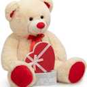 WENMOTDY Huge Teddy Bear Stuffed Animal Giant Teddy Bear Plush with Red Ribbon Bow Day Plush Toy Gift for Girlfriend and Kids 36 inch Beige