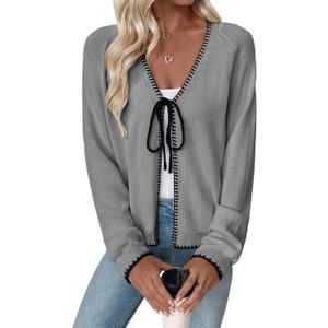 EVALESS Womens Cardigan Sweaters Trendy V Neck Long Sleeve Open Front Bow Tie Knit Chunky Lightweight Cardigans Fall Winter Outerwear Coats (Gray, XXL)