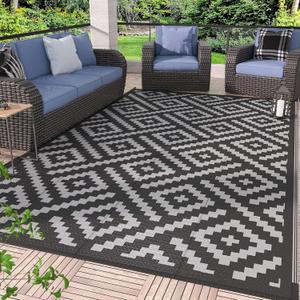GENIMO Outdoor Rug for Patio Clearance,6'x9' Waterproof Mat,Reversible Plastic Camping Rugs,Rv,Porch,Deck,Camper,Balcony,Backyard,Black & Gray