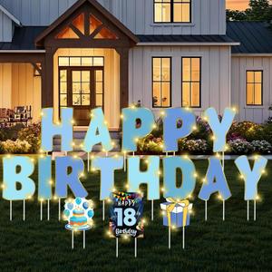 Jetec 22 Pcs Happy Birthday Yard Sign with Stake, 16 Inch Personalized Age Sign with 30 Number Sticker and LED Lights(No Battery) for Outdoor Garden Lawn Decorations Party Supplies(Gradient Blue)
