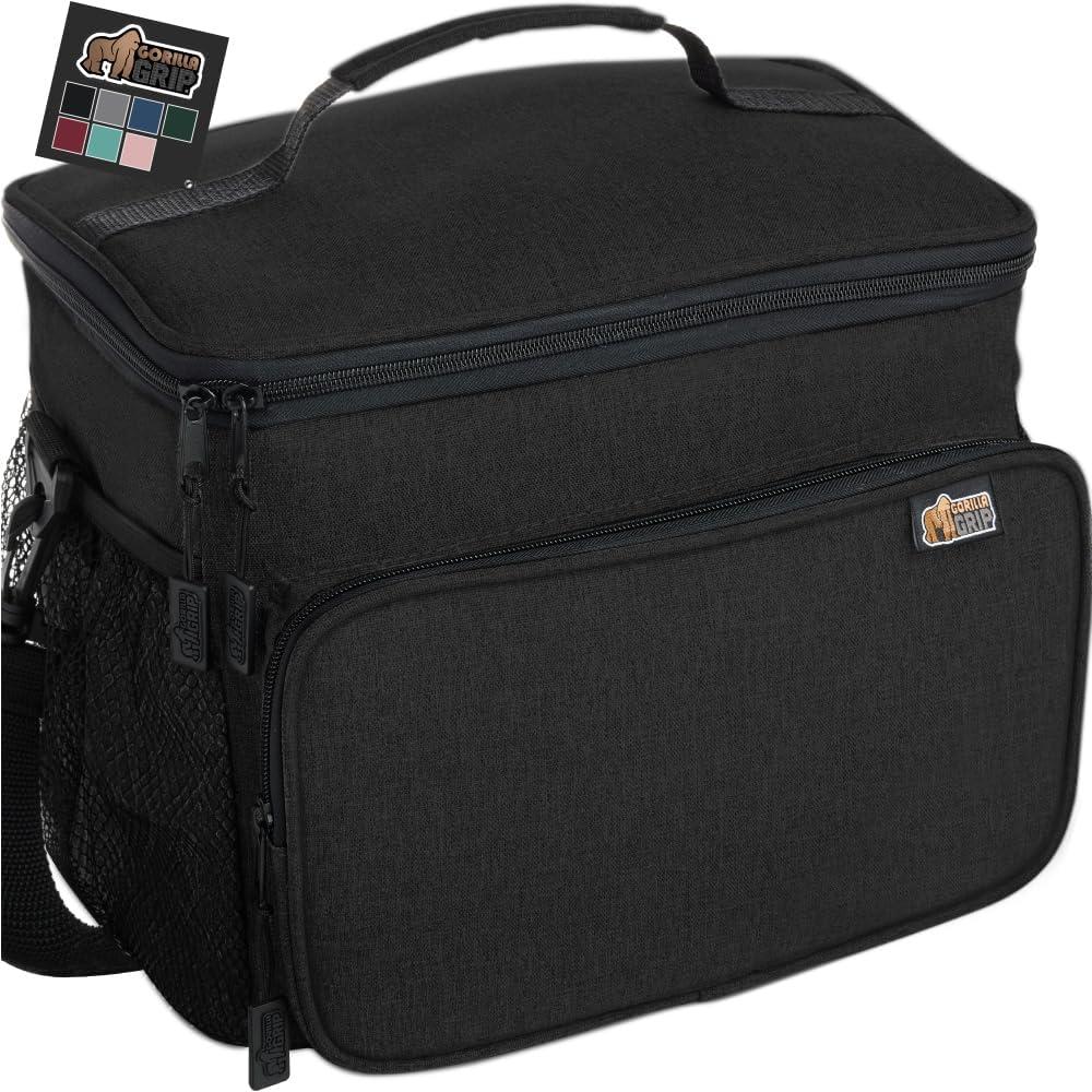 GORILLA GRIP Insulated Lunch Box Bag for Women Men,15L, Leakproof XL Reusable Soft Cooler Bags, Multiple Compartments, Mesh Pockets and Adjustable Strap, Food Tote Keeps Drinks Cold, 13x9, Black