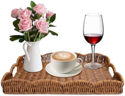 Rectangle Wicker Scalloped Tray, Hand Woven Synthetic Rattan Serving Tray with Handles, Coffee Table Decorative Tray Basket for Modern Boho Rustic Home Ornament or Organizing (Brown)