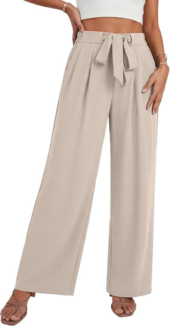 Lepunuo Women's High Waisted Wide Leg Flowy Pants Casual Palazzo Pants Work Adjustable Tie Knot Pants with Pockets, Medium