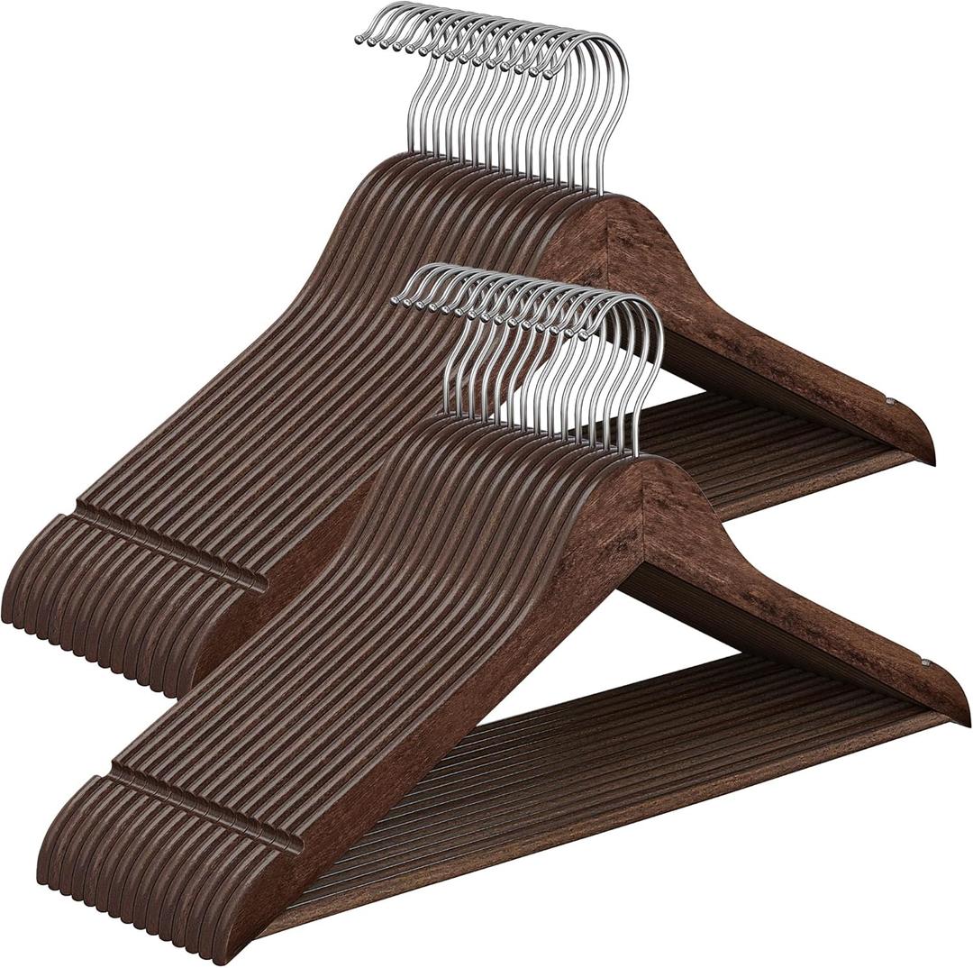 SONGMICS Wooden Hangers, Pack of 30, Coat Hangers, Pants Bar, 360 Swivel Hooks, Solid Birch Wood, Space Saving, for Jackets, Shirts, Coats, Walnut Brown UCRW030K02