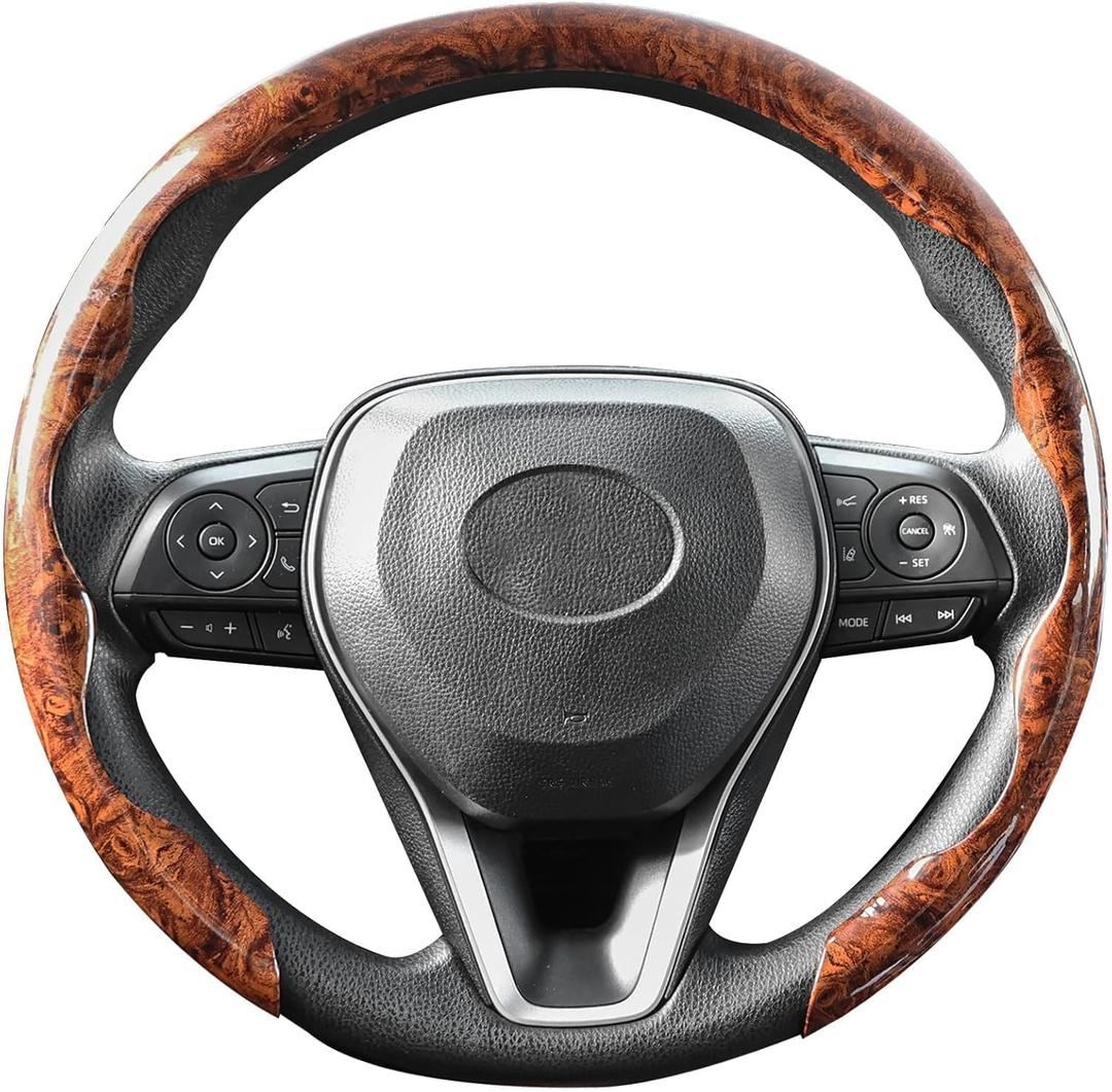 AUTOXBERT Wood Grain Steering Wheel Cover Anti-Slip for O/D Type 14 1/2-15.4 Inch Ultra-Thin Breathable Sport Cassette Car Accessories