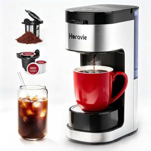 Horavie Single Serve Coffee Maker, Hot and Iced Coffee Maker for K Cup and Ground, 6 to 14 Oz Brew Sizes Single Cup Coffee Maker with Descaling Alert, Ideal for Home, Travel, RV and Dorm,Black