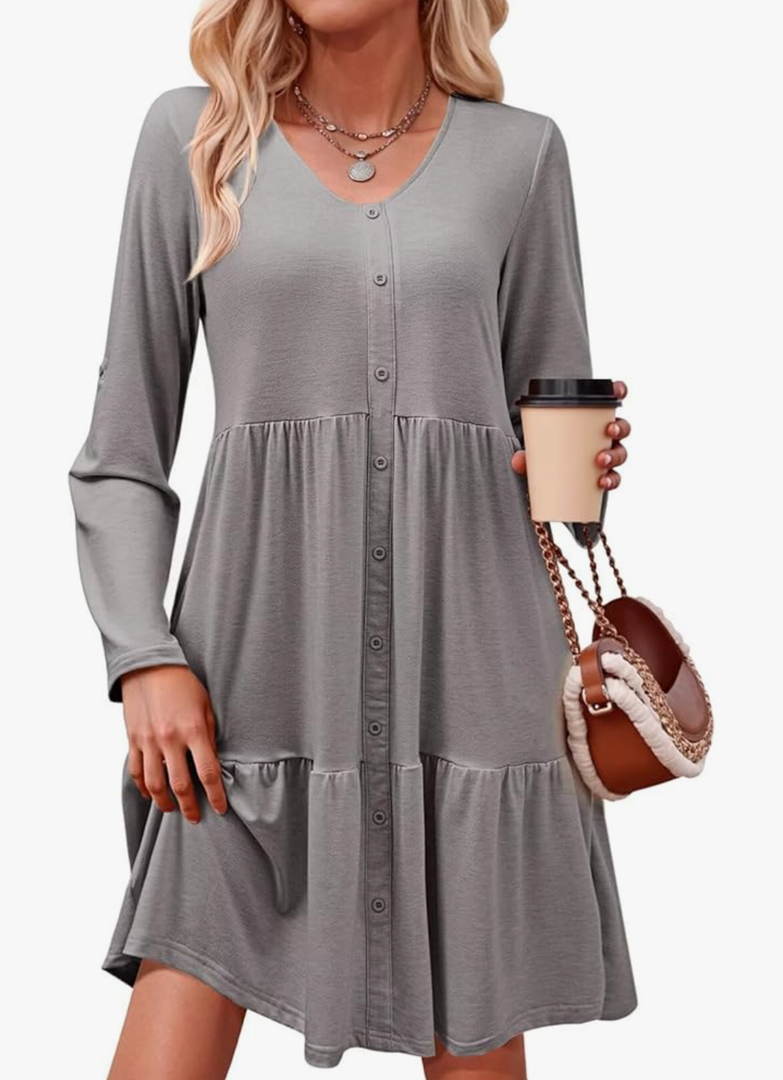 Dokotoo Fall Dresses for Women 2025 V Neck Button Up Long Sleeve Empire Waist Ruffle Tiered Mini Dress with Pockets,Grey, L Dokotoo Fall Dresses for Women 2025 V Neck Button Up Long Sleeve Empire Waist Ruffle Tiered Mini Dress with Pockets,Grey, L