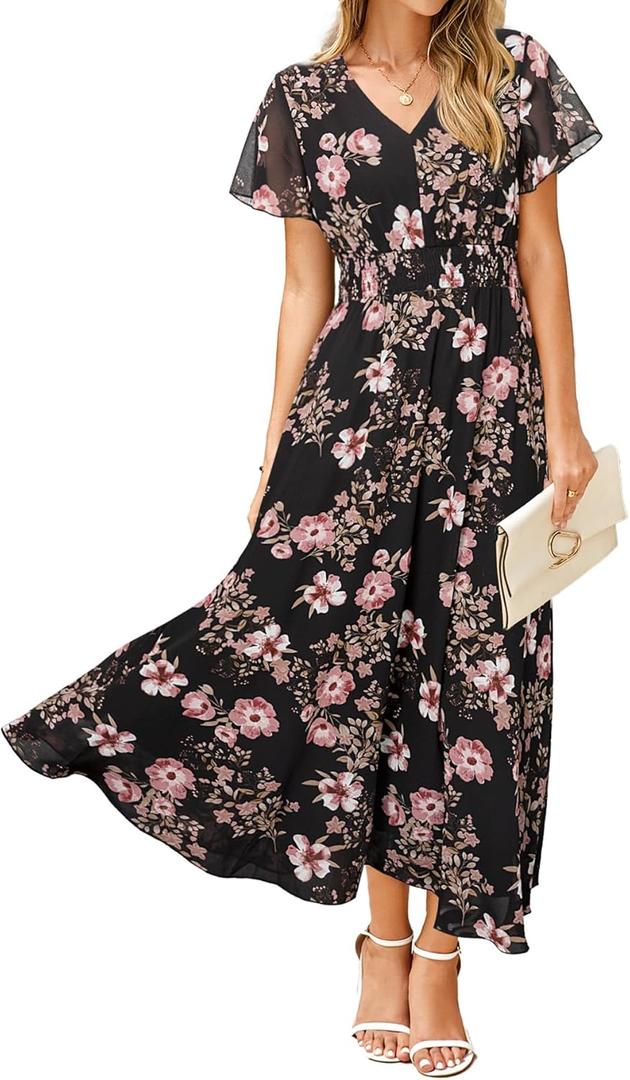 Simplee Womens Floral Maxi Dress Short Sleeve Summer Boho Wedding Guest Dress Empire Waist Chiffon Modest Midi Dresses (Large, Black 2)