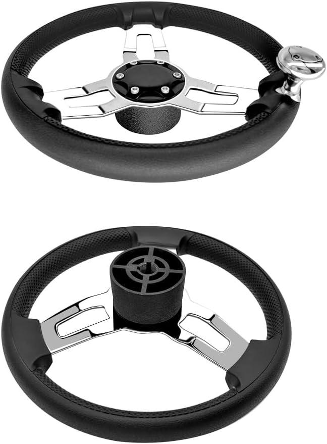 Stainless Steel Steering Wheel,13.5'' Anti-Slip PU Foam Cover Steering Wheel with Power Grip Knob, Marine Steering System with Aluminum Mounting Base for Boats, Yachts, Pontoon Boats and More