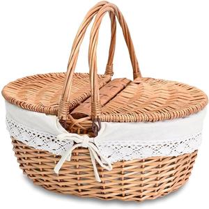 Small Picnic Basket with Removable Liner, Empty Basket for Kid with Lids, Picnic Hamper with Foldable Handles, Natural Color