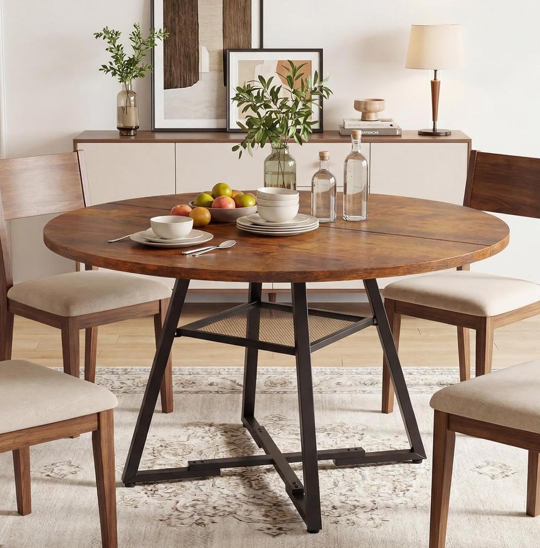 Alpen 42" Round Dining Table for 4-6, Farmhouse Kitchen Table with Storage Shelf, Wood Circle Table with Pedestal Metal Frame, Small Space Table for Apartment, Dining Room, Vintage Brown