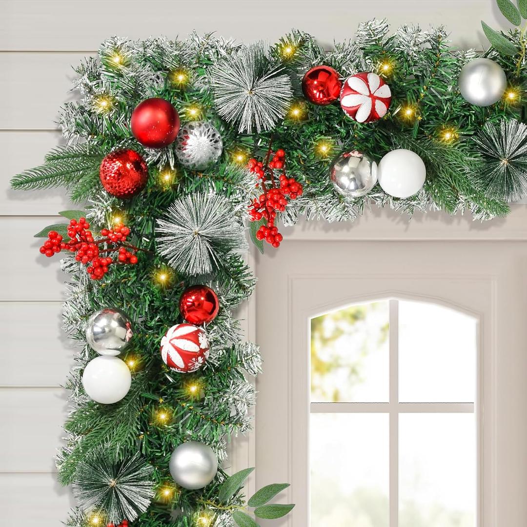 TechKen 9FT Prelit Christmas Garland with Timer Light, Luxury Battery Operated Lighted Garland with Red and Silver Ornaments Pine Cones Red Berries, 50 LED Lights 8 Modes, Christmas Decorations