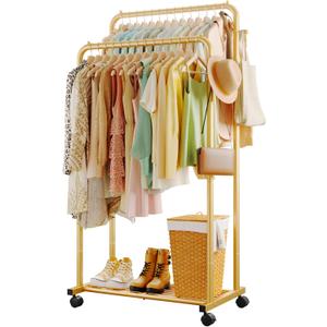 Clothes Rack - Double Rods Clothing Rack with Mesh Shelf, Hooks & Wheels, Metal Clothing Racks for Hanging Clothes & Bags, Multifunctional Garment Rack for Laundry, Gold, 28.7" x 16.5" x 59.1"