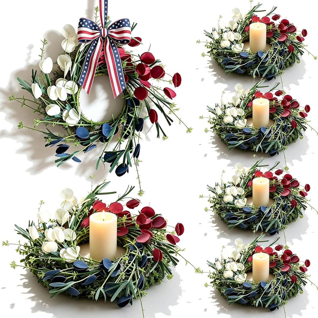6 Pcs Small 4th of July Candle Ring Wreath with Red Blue Artificial Mini Independence Day Candle Holder Wreath for Patriotic Memorial Day Home Kitchen Front Door Window Porch Table Centerpieces