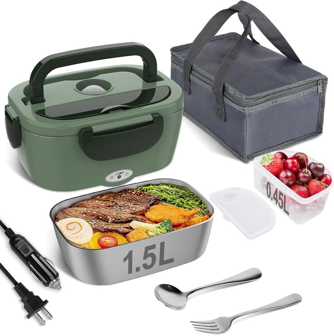 Vabaso Electric Lunch Box for Adults, 80W Heated Lunch Box Portable Food Warmer Lunch Box for Work/Men/Car/Truck with 1.5L 304 Stainless Steel Container Fork & Spoon, 110V/12V/24V (Dark Green)
