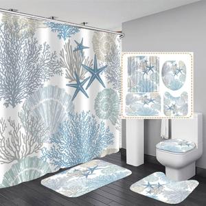 Nkzply 4 Pcs Beach Shower Curtain Blue Bathroom Sets with Shower Curtain and Rugs Ocean Shower Curtain Set Starfish Bathroom Decor Accessories Seashell Bathroom Rug Set Nautical Toilet Lid Cover Hooks (ONLY BATH RUG AND SHOWER HOOKS)