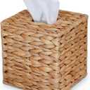 PINXIURY Water Hyacinth Handwoven Tissue Box Cover, Natural Handmade Wicker Napkin Box Holder, Handcrafted Square Facial Tissue, Rustic Decorative on Table and Bathroom, Office, Boho Decorative (Single)