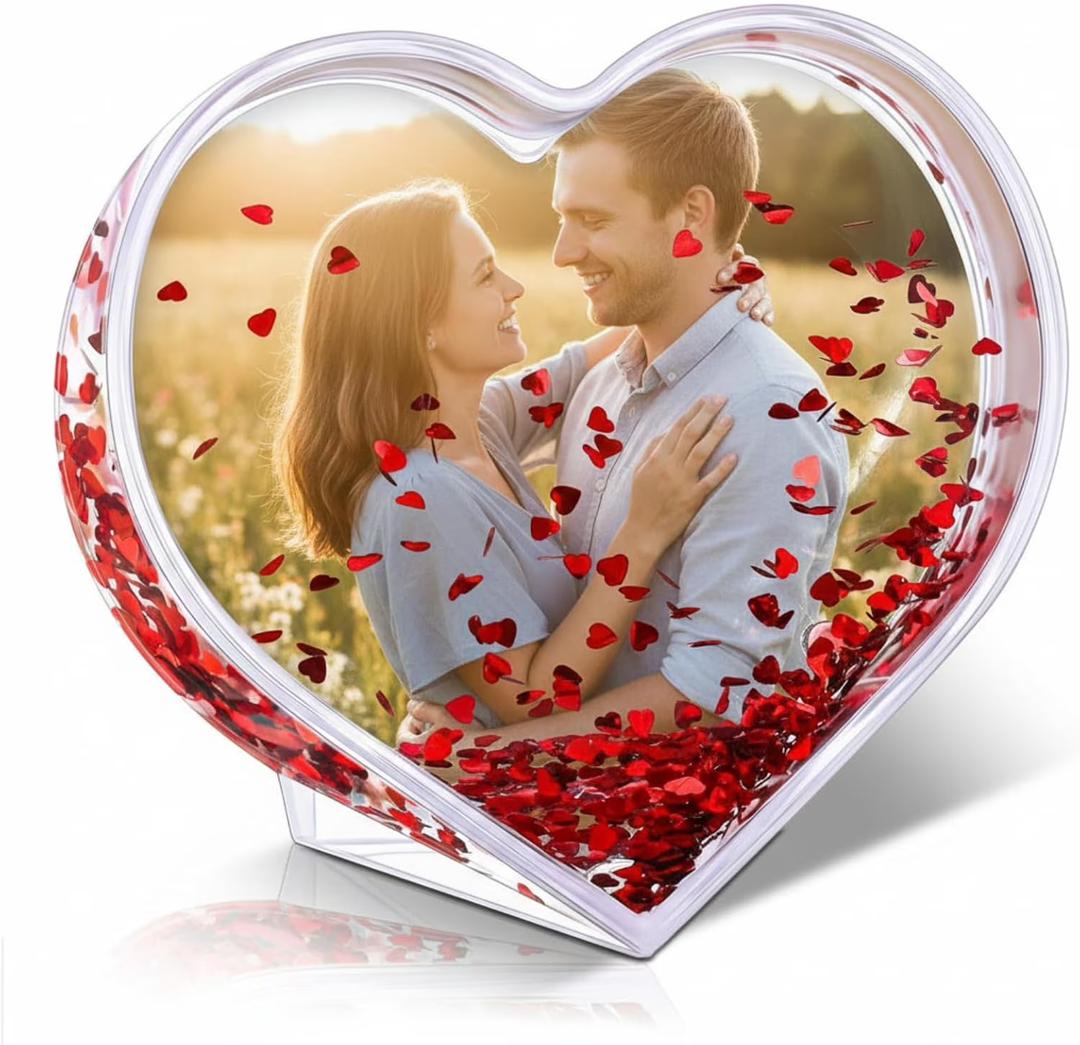 Custom Snow Globe 4 x 6 Inch Inch Rectangle Acrylic Liquid Valentine's Day Glitter Picture Frame Photo Gifts for Family Friends Couples (Red)