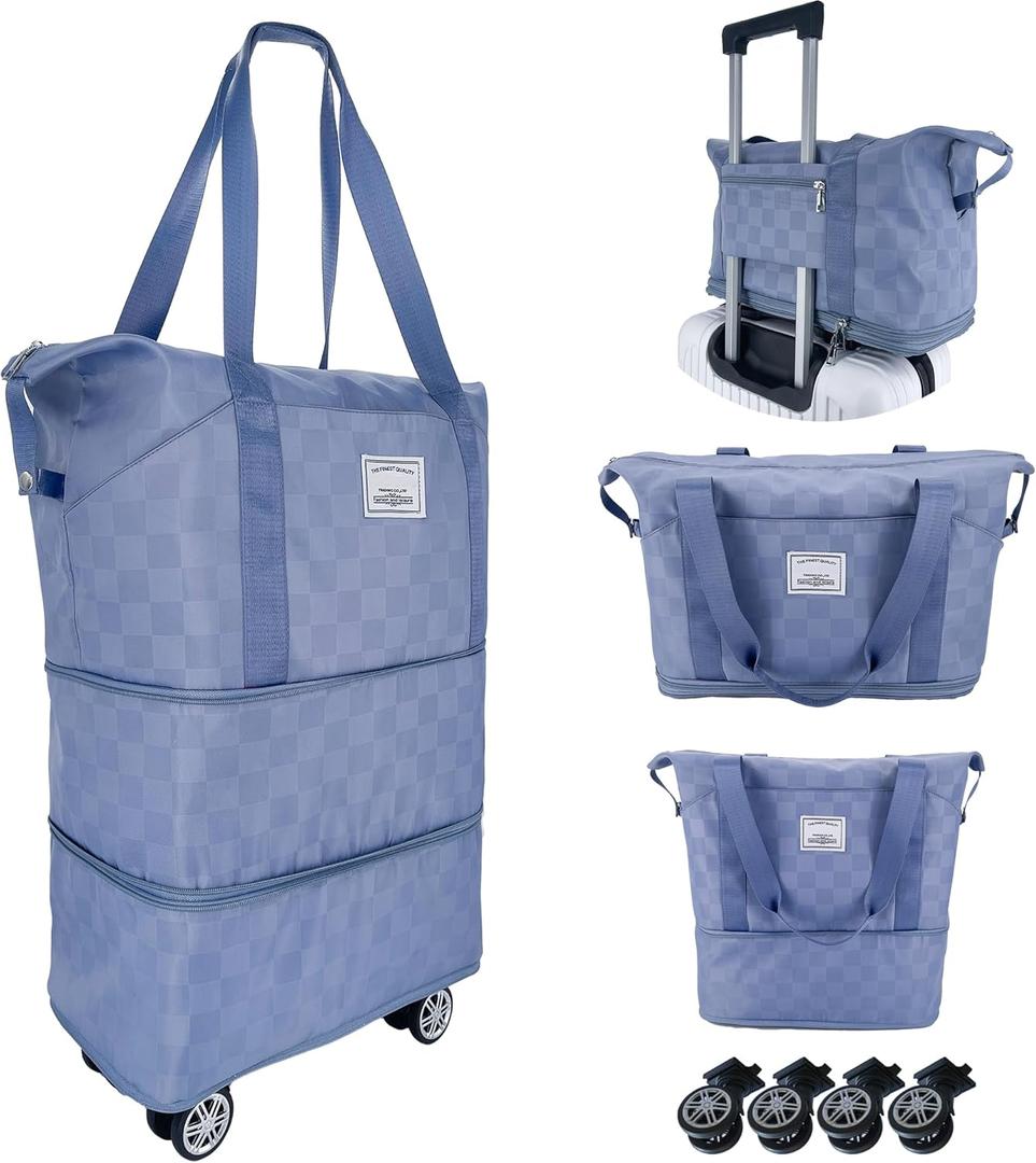 Expandable foldable duffel bag suitcase, detachable rolling wheels,carry-on large duffel bag,luggage bag,suit gym,camping,travel or business trip,Gift for wife and parents-Checkerboard(BLUE) (Blue)