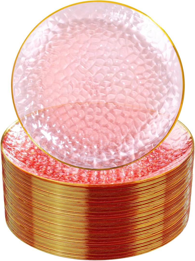 Rubtlamp 100 Pcs Pink Gold Dessert Plates Hammered Party Plates, Pink Disposable Plates With Gold Rim, 7 Inch Dessert Platos Disposable, Plastic Appetizer Plates Perfect for Mother's Day