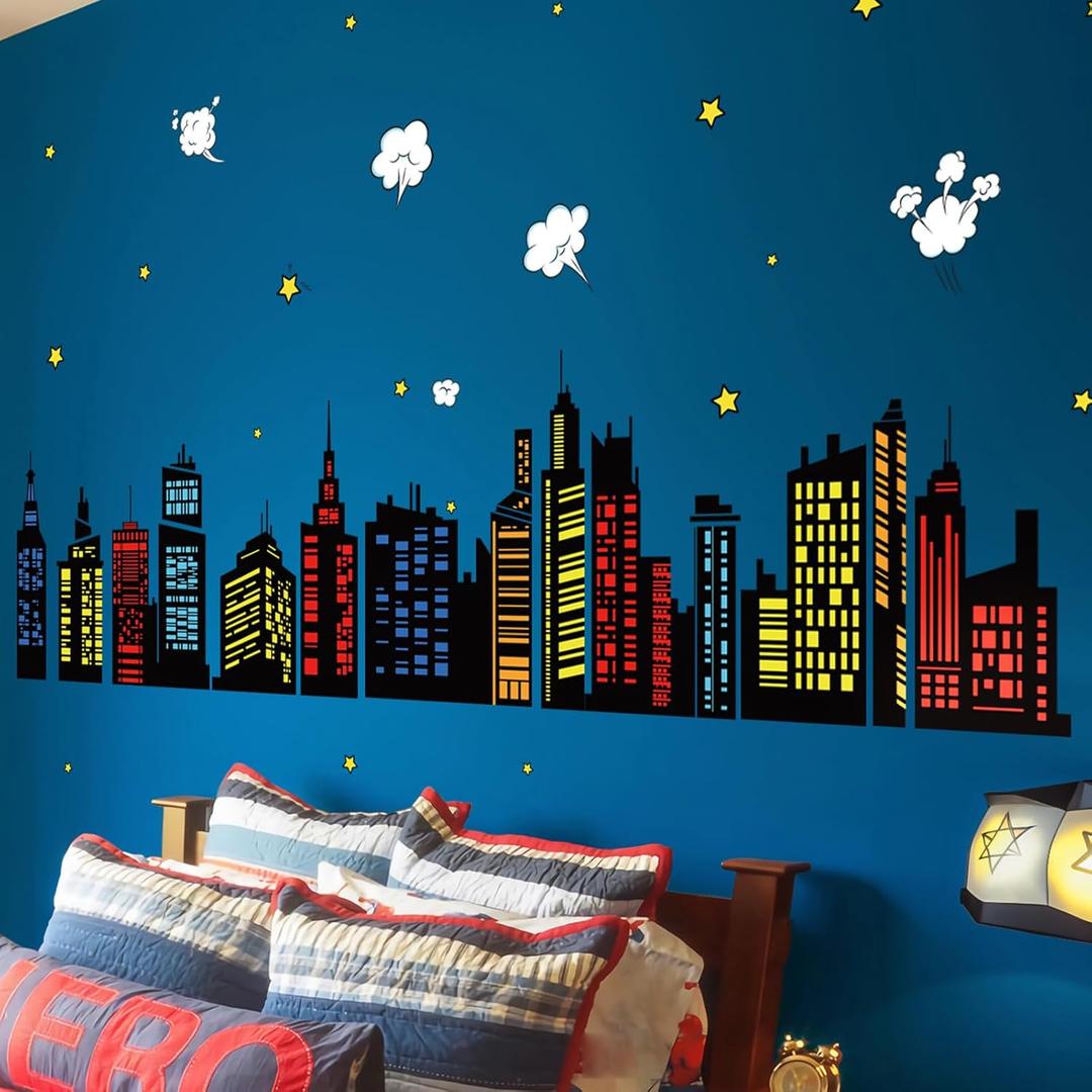 Decalmile Colorful City Skyline Wall Decals Hero City Building Stars Wall Stickers Bedroom Playroom Toddler Room Wall Decor