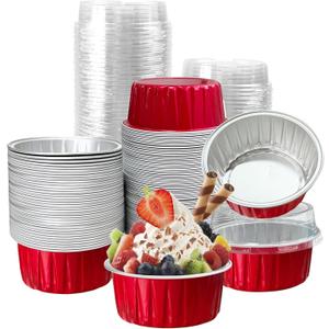 100Pcs Aluminum Cups with Lids,5oz Disposable Ramekin Baking Cups Muffin Liners Mini Pie Pans Foil Cupcake Containers for Christmas Party Wedding Party,Red