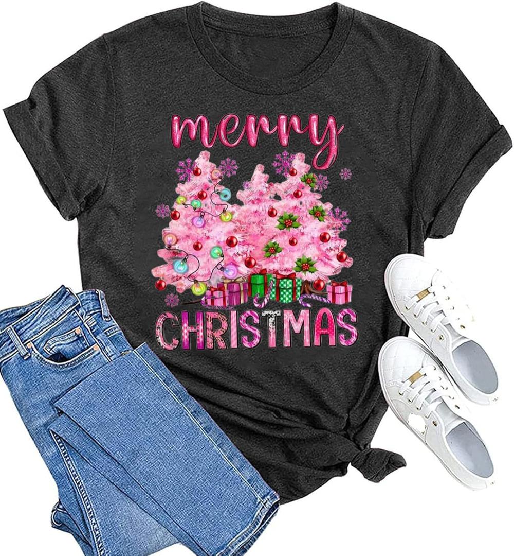 Merry Christmas Shirts for Women Funny Xmas Tree Graphic T-Shirt Christmas Casual Holiday Short Sleeve Tee Top (XL, 1 Dark Grey）
