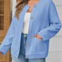 Saodimallsu Women's Chunky Knit Cardigan Button Down Crewneck Long Sleeve Cropped Sweater with Pockets (Blue, L)