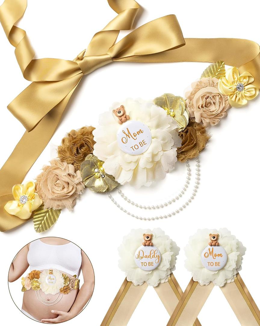 Baby Shower Sash Decorations Mom to Be Corsage Gift Dad to Be Pin 3Pack Set Gold Flower Belt for Maternity Dress - Gender Reveal Pregnancy Photo Props