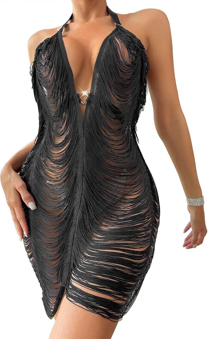 Women Sexy Halter See Through Dress Beach Swimsuit Cover Up Swimwear Sheer Tassel Dress Nightclub Bodycon Skirt (Black)