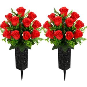 Artificial Cemetery Flowers, Grave Memorial Flowers, Set of 2 Artificial Rose Bouquet with Vase for Cemetery Headstones Gravesites Decoration (Red)