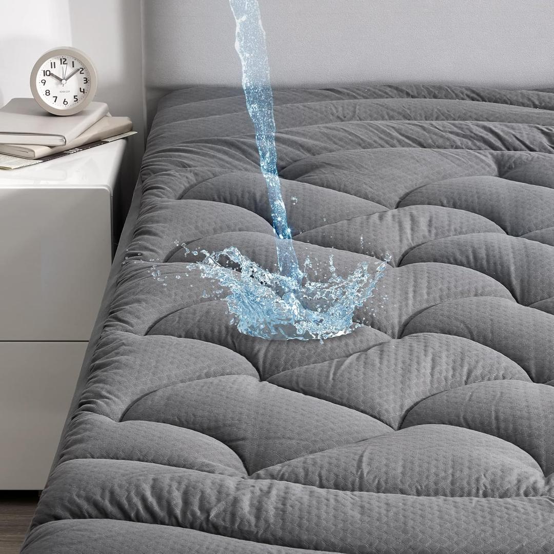 SLEEP ZONE Grey Waterproof Mattress Pad Full Size, Premium Soft Embossed Mattress Topper, Quilted Fitted Mattress Protector Cover with Elastic Deep Pocket (Grey, Full)