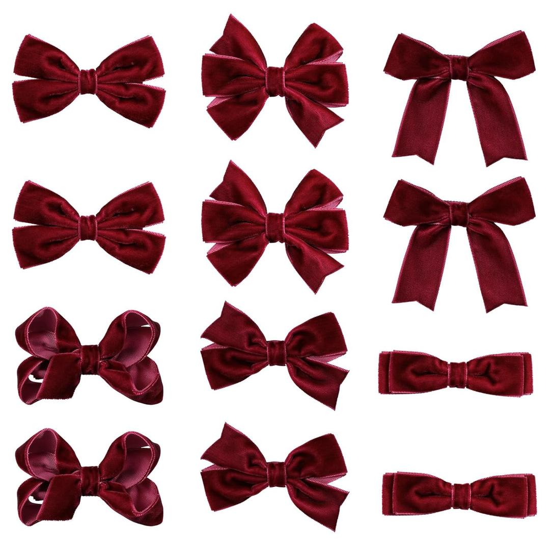 Dark Red Velvet Ribbon Hair Bows 12pcs 3 Small Burgundy Dressy Bow Alligator Clips School Uniform Decor Accessories for Teen Toddler Girls Women Christmas Valentines Xmas Gift