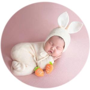 Zeroest Newborn Boy Photoshoot Outfits and Props Bear Bonnet with Footed Romper Infant Baby Photography Crochet Knitted Set (Beige)