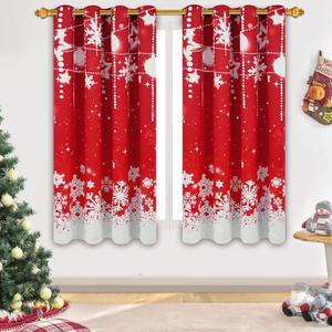 FRAMICS Christmas Snowflake Curtains for Living Room and Bedroom - Blackout, Red, 63 Inch Length, 2 Panels Set, Grommet Window Curtains