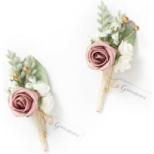 Ling's moment Boutonniere for Men, 2pcs Groom Groomsmen Guest Boutonniere, Artificial Flowers for Wedding/Prom/Homecoming, etc.Dusty Rose